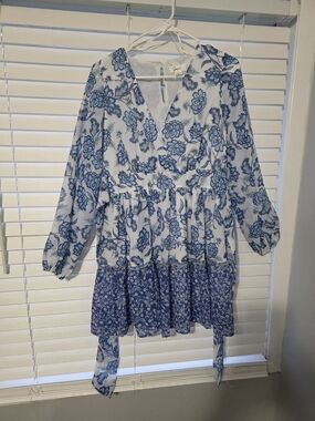 Japna Blue and White Floral Long Sleeve Dress
